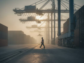 Port scene with large cranes and stacked shipping containers; a worker in a reflective vest walks along rail tracks at sunset