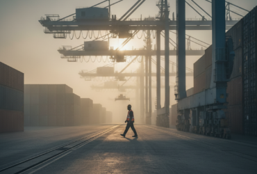 Port scene with large cranes and stacked shipping containers; a worker in a reflective vest walks along rail tracks at sunset