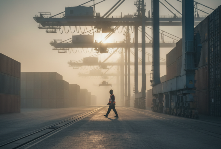 Port scene with large cranes and stacked shipping containers; a worker in a reflective vest walks along rail tracks at sunset