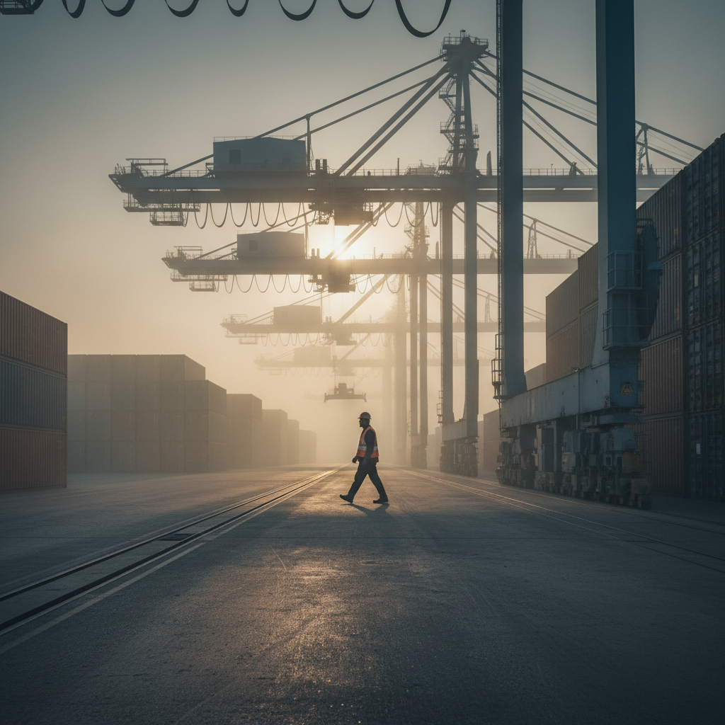 Port scene with large cranes and stacked shipping containers; a worker in a reflective vest walks along rail tracks at sunset