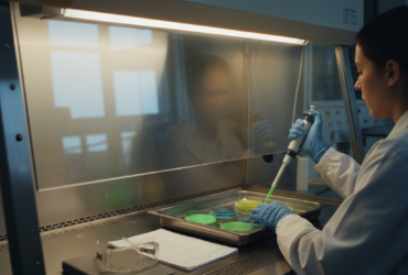 Scientist in a biosafety cabinet uses a pipette to transfer liquid into petri dishes the lab workspace shows color plates in trays.