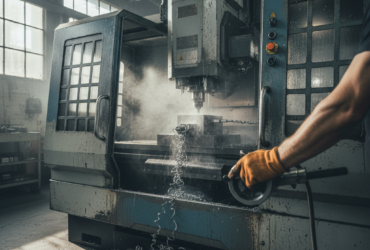 CNC milling machine in a dusty workshop with metal shavings on the floor and a worker turning a control wheel wearing an orange glove