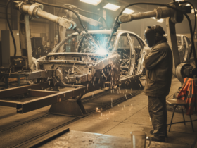Welding robots fuse car body panels on an assembly line, sparks flying as a technician observes nearby.