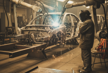 Welding robots fuse car body panels on an assembly line, sparks flying as a technician observes nearby.