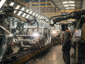 Industrial car body being welded by robotic arms on an assembly line, with a worker in safety gear watching.",