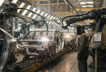 Industrial car body being welded by robotic arms on an assembly line, with a worker in safety gear watching.",