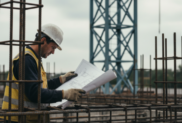 Construction worker in a hard hat and safety vest examining blueprints at a reinforced concrete site with exposed rebar.