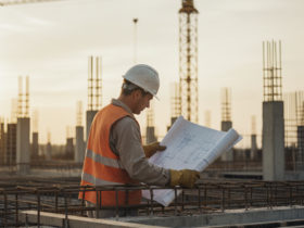 Construction worker in a hard hat and orange safety vest reviews blueprints at a building site with cranes in the background.