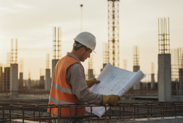 Construction worker in a hard hat and orange safety vest reviews blueprints at a building site with cranes in the background.