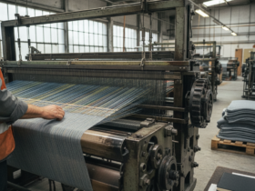 Worker in an orange vest adjusting a large industrial loom weaving blue-striped fabric in a textile workshop.