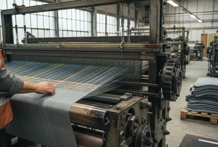 Worker in an orange vest adjusting a large industrial loom weaving blue-striped fabric in a textile workshop.