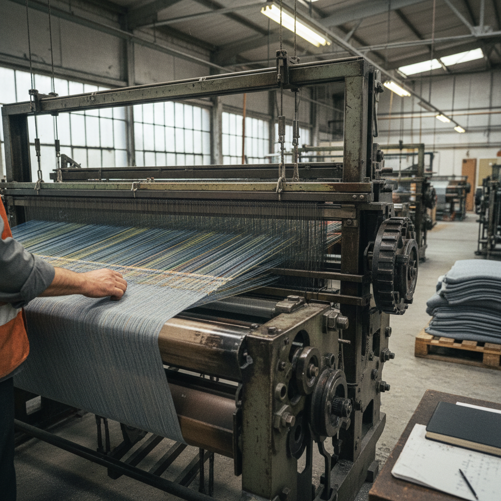 Worker in an orange vest adjusting a large industrial loom weaving blue-striped fabric in a textile workshop.