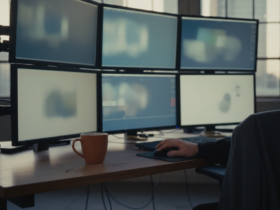 Six widescreen monitors arranged in two rows on a wooden desk, a person using a mouse, an orange mug nearby.