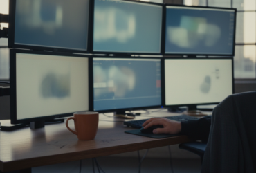 Six widescreen monitors arranged in two rows on a wooden desk, a person using a mouse, an orange mug nearby.