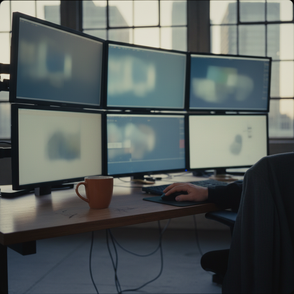 Six widescreen monitors arranged in two rows on a wooden desk, a person using a mouse, an orange mug nearby.