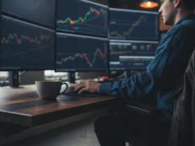 Trader monitoring multiple curved monitors displaying stock charts and data, with a coffee mug on a wooden desk.