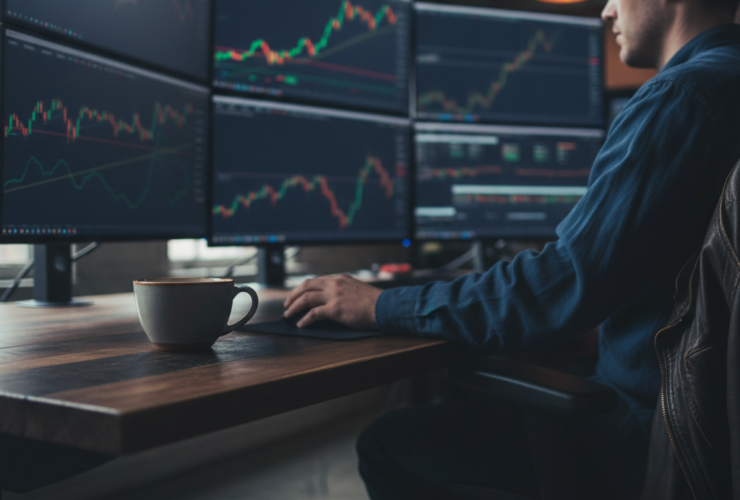 Trader monitoring multiple curved monitors displaying stock charts and data, with a coffee mug on a wooden desk.