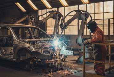 Industrial welding robot arm sparks as a worker in orange overalls watches near a car frame.