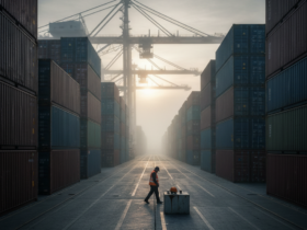 Worker in an orange safety vest inspects a crate in a shipping container yard, flanked by towering stacked containers and cranes at dawn/sunrise.