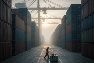 Worker in an orange safety vest inspects a crate in a shipping container yard, flanked by towering stacked containers and cranes at dawn/sunrise.