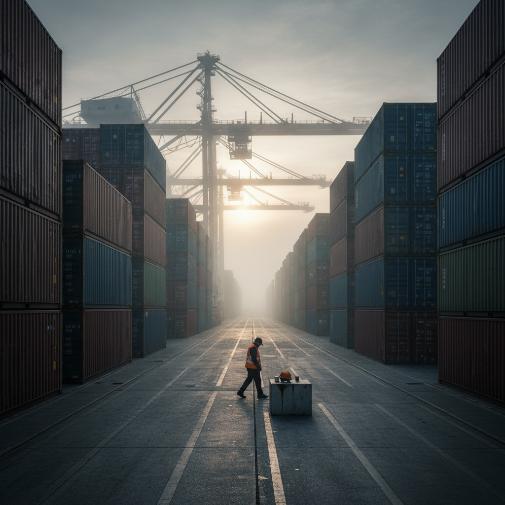 Worker in an orange safety vest inspects a crate in a shipping container yard, flanked by towering stacked containers and cranes at dawn/sunrise.