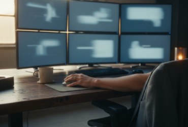 Person seated at a wooden desk with six computer monitors; hand on a mouse and a cup of coffee nearby.
