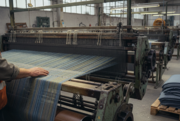 Worker guides blue striped fabric through an industrial loom in a textile factory.