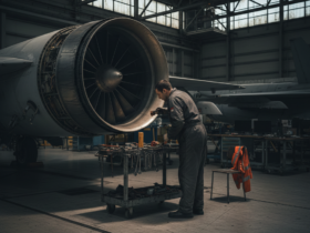 Mechanic in coveralls working on jet engine in an aircraft hangar with a tool cart nearby