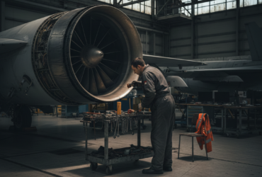 Mechanic in coveralls working on jet engine in an aircraft hangar with a tool cart nearby