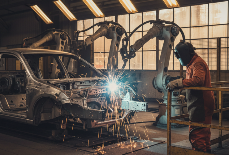 Industrial welding robot arm sparks as a worker in orange overalls watches near a car frame.