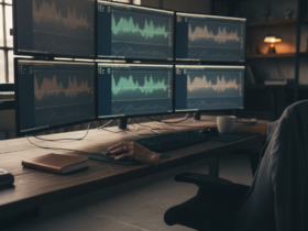 Six-monitor workstation displaying waveform charts and analytics; a hand on the mouse at a wooden desk.