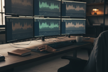 Six-monitor workstation displaying waveform charts and analytics; a hand on the mouse at a wooden desk.
