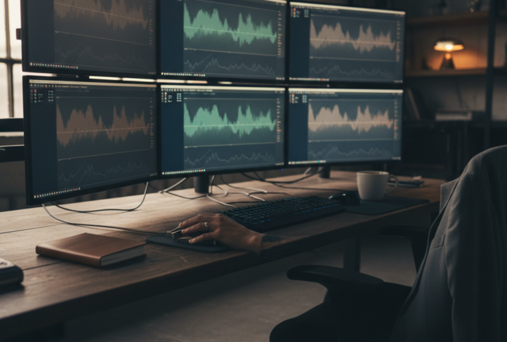 Six-monitor workstation displaying waveform charts and analytics; a hand on the mouse at a wooden desk.