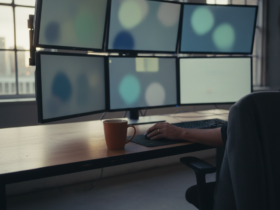 A desk with six curved computer monitors arranged in two rows, a brown mug, and a hand on the mouse at the keyboard.
