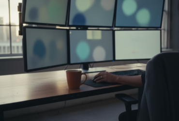 A desk with six curved computer monitors arranged in two rows, a brown mug, and a hand on the mouse at the keyboard.