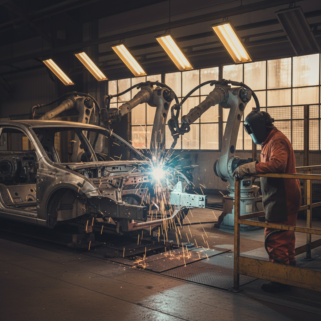 Industrial welding robot arm sparks as a worker in orange overalls watches near a car frame.