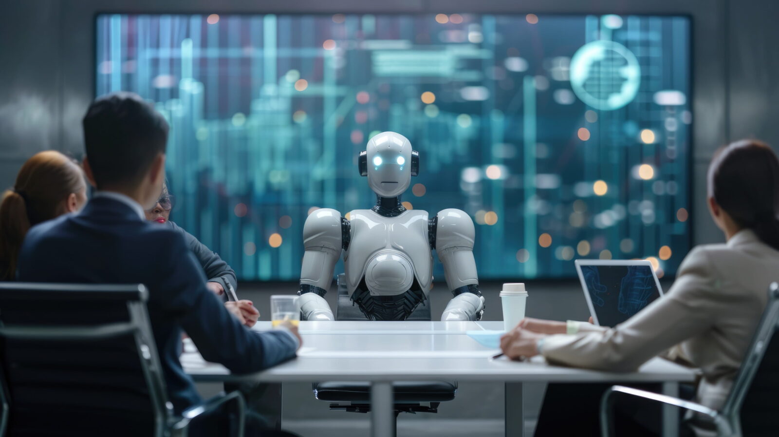 Robot chairing a business meeting at a conference table with professionals on both sides in a high-tech room.