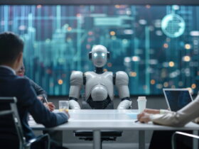 Robot chairing a business meeting at a conference table with professionals on both sides in a high-tech room.