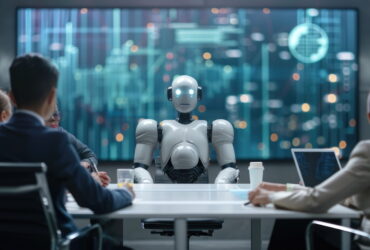 Robot chairing a business meeting at a conference table with professionals on both sides in a high-tech room.