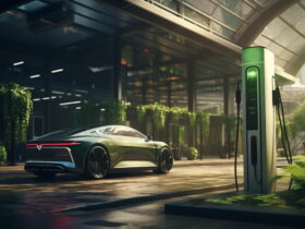 Electric green electric car plugged into a charging station outside a modern glass building.