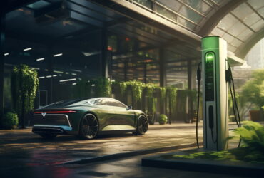 Electric green electric car plugged into a charging station outside a modern glass building.