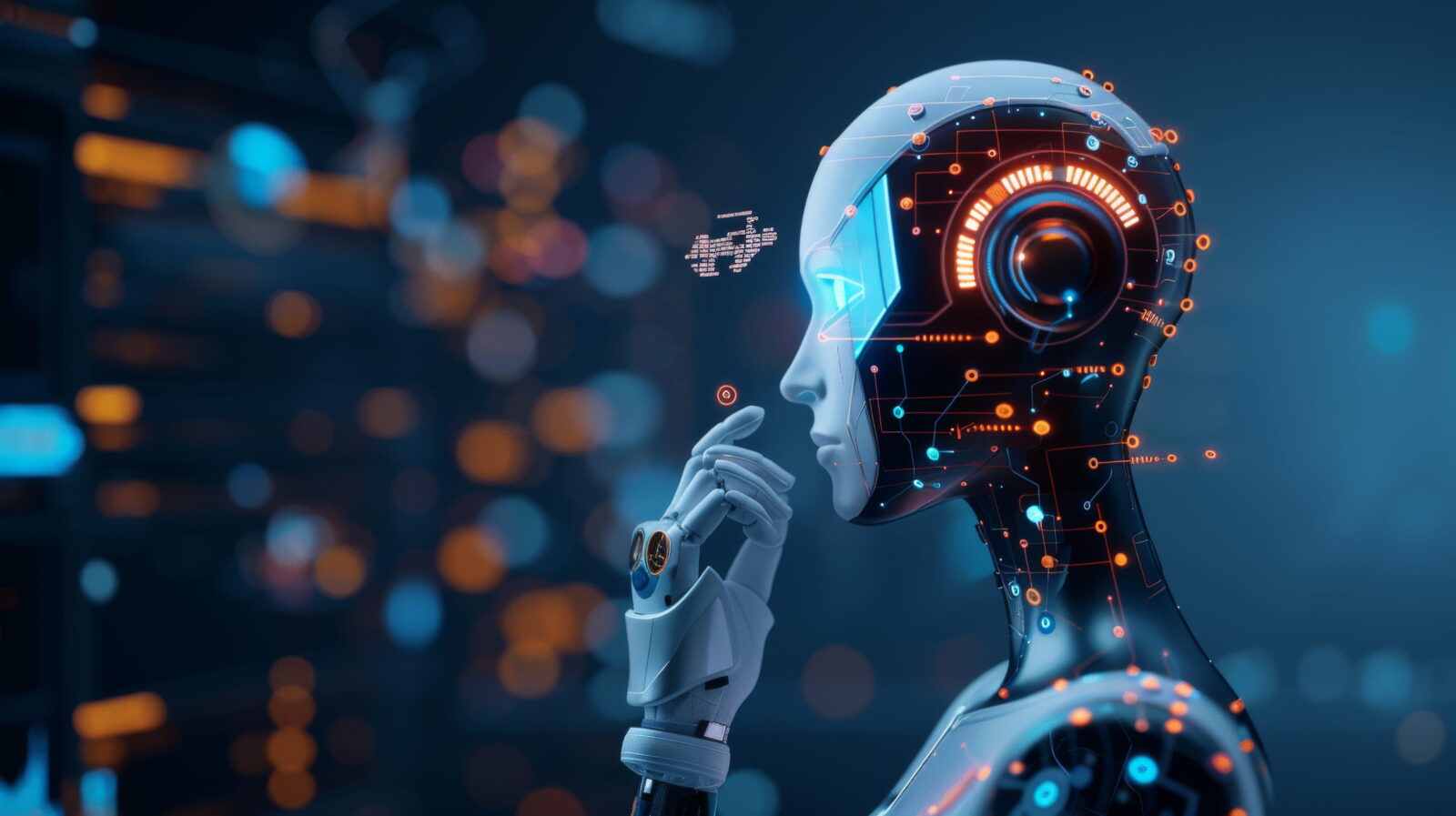 Humanoid robot with glowing orange circuitry on a blue-lit background, posed in thoughtful profile.