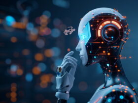 Humanoid robot with glowing orange circuitry on a blue-lit background, posed in thoughtful profile.