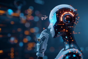 Humanoid robot with glowing orange circuitry on a blue-lit background, posed in thoughtful profile.