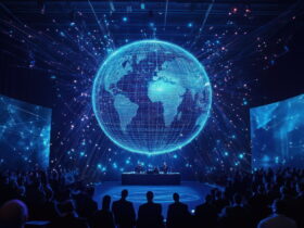 A large audience watches a stage with a glowing blue Earth projection surrounded by light trails in a dark theater-like venue.