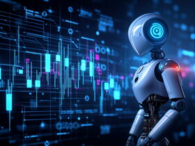 Silver humanoid robot studying glowing blue financial charts and data visuals on a dark background.