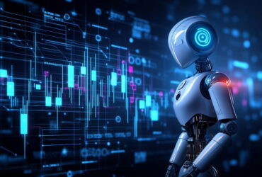 Silver humanoid robot studying glowing blue financial charts and data visuals on a dark background.