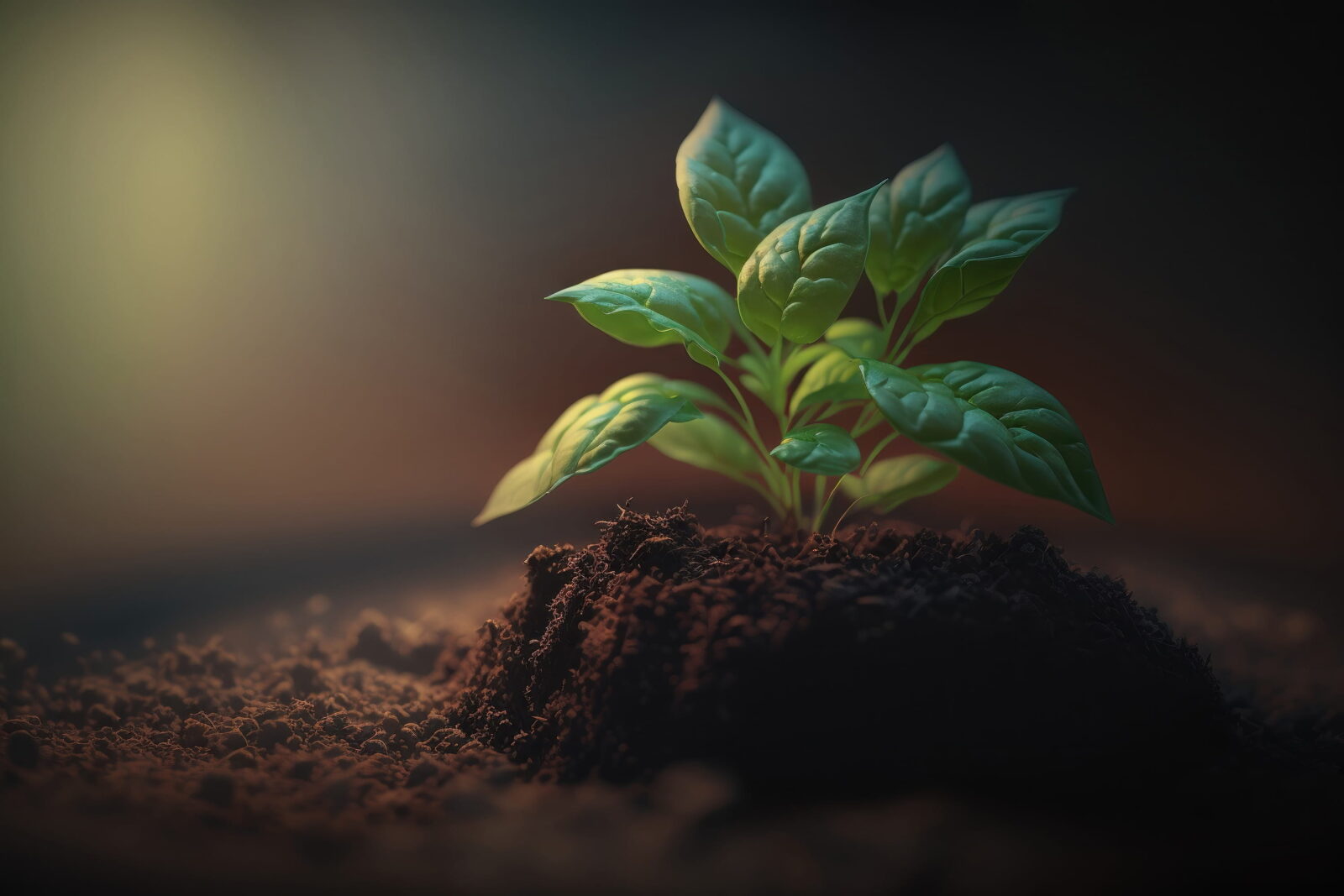 Young green seedling emerging from soil, lit against a dark, blurred background.