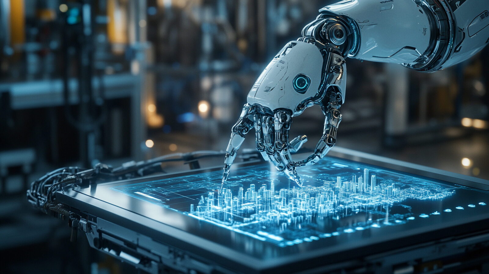 Robotic hand manipulating a holographic blue data map on a glass touchscreen in a high-tech lab.