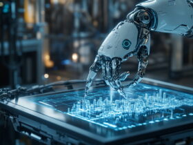 Robotic hand manipulating a holographic blue data map on a glass touchscreen in a high-tech lab.